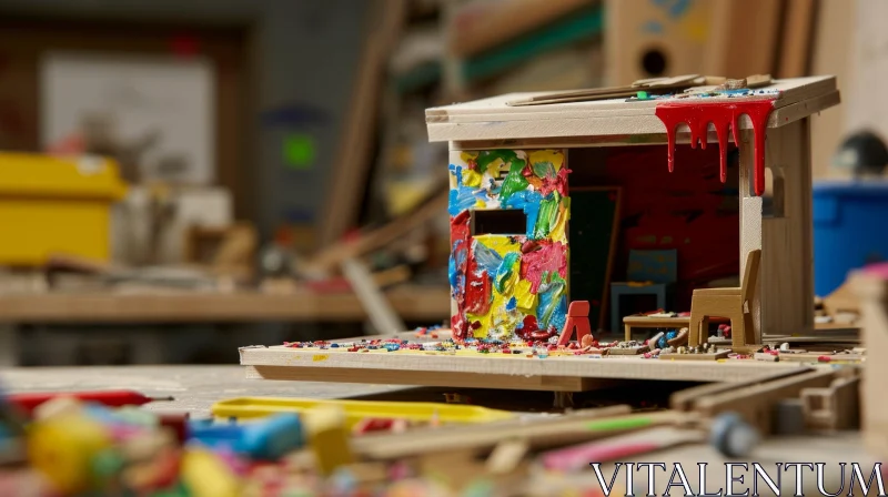 Colorful Wooden Birdhouse on Table | Intriguing Artwork AI Image