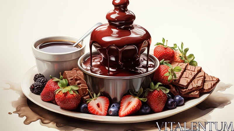 Delicious Chocolate Fountain with Fresh Fruits and Chocolate Bars AI Image