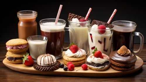 Delicious Desserts and Drinks on Wooden Table