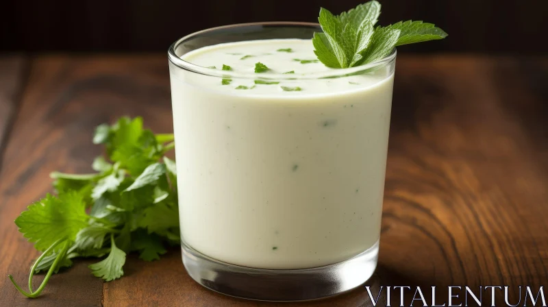 Delicious Glass of Kefir on Wooden Table with Parsley AI Image