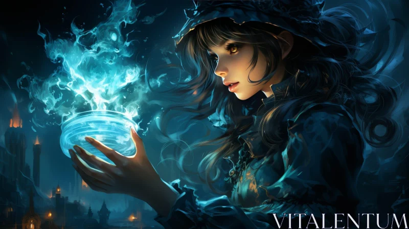 Enigmatic Woman with Blue Orb in Dark Room AI Image