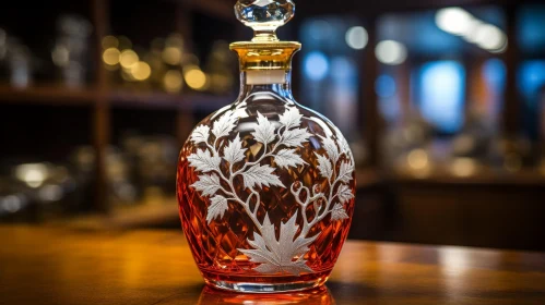 Exquisite Crystal Decanter with Gold Stopper and Maple Leaf Etchings