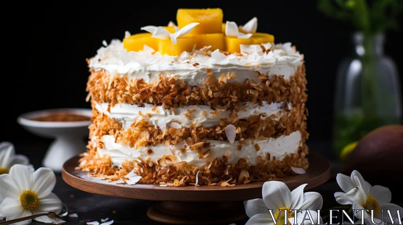 Exquisite Mango and Coconut Three-Tiered Cake AI Image