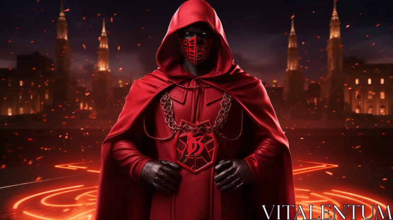 Man in Red Cloak Surrounded by Fire AI Image