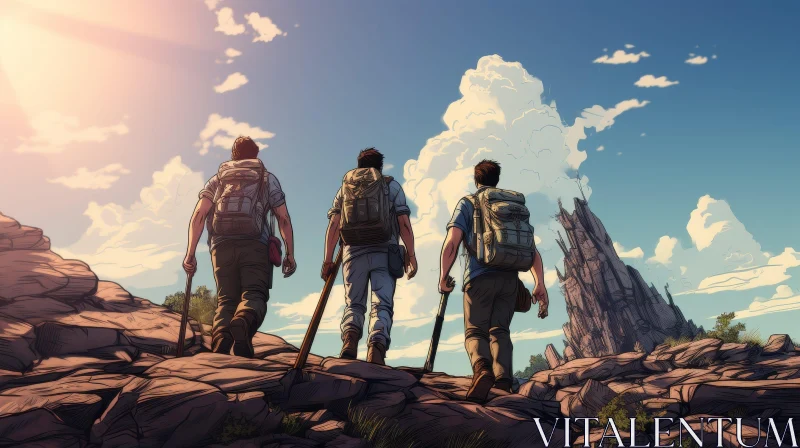 Mountain Hiking Adventure - Three Men Trekking in Rocky Terrain AI Image