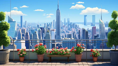 Rooftop View of New York City with Potted Plants