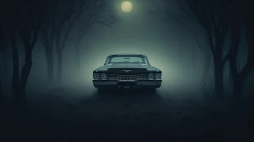 Rusty Classic Car in Dark Forest Moonlight