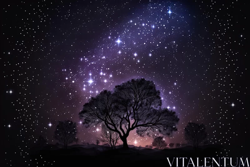 Serene and Tranquil Night Sky with Tree and Stars AI Image
