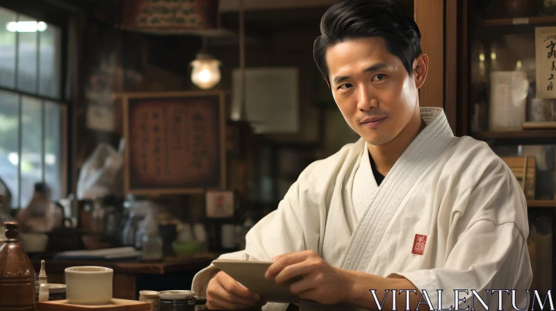 Serene Asian Man in White Kimono at Japanese Tea House AI Image