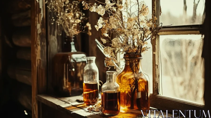 Serene Still Life with Glass Bottles and Dried Flowers on Wooden Windowsill AI Image