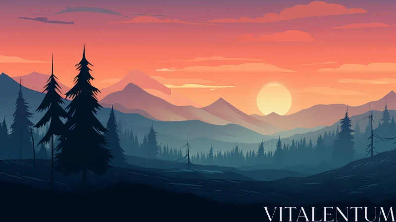 Tranquil Sunset Landscape with Mountains and Trees AI Image