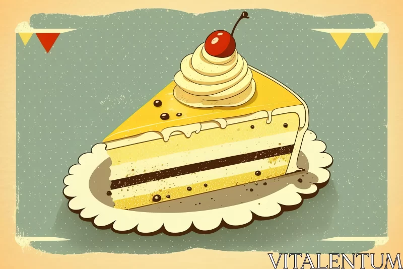 Vintage Dessert Cake with Cherry Illustration | Retro Style AI Image