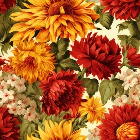 Vintage Floral Pattern with Sunflowers and Dahlias