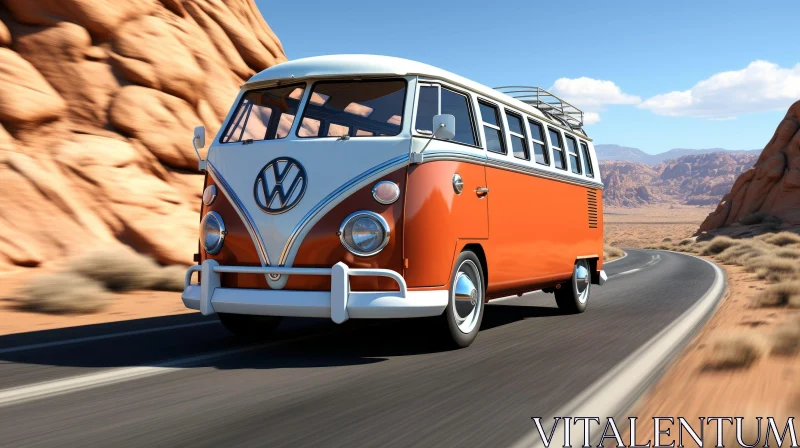 Vintage Volkswagen Type 2 Bus Driving in Desert Landscape AI Image