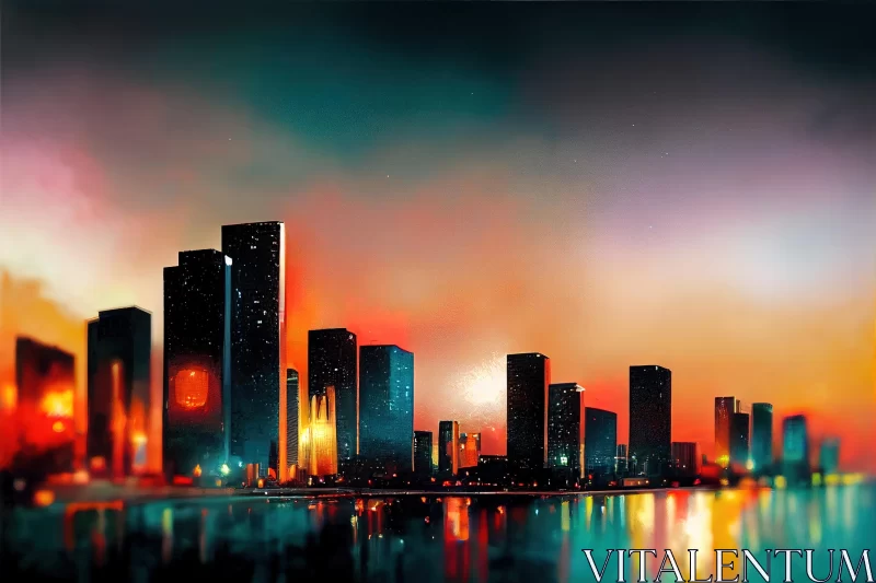 Abstract City Skyline at Night: Realistic Landscape Painting AI Image