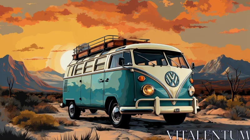 Blue and White Volkswagen Type 2 Bus Desert Landscape Painting AI Image