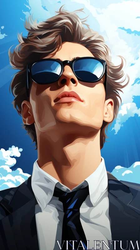 Confident Young Man in Suit and Sunglasses Looking Up at Sky AI Image