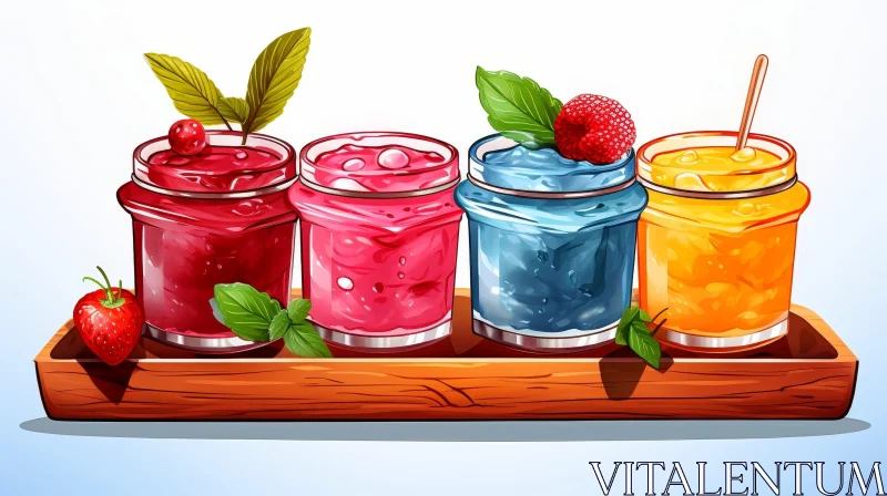 AI ART Delicious Jam Art: Vibrant Glass Jars on Wooden Tray