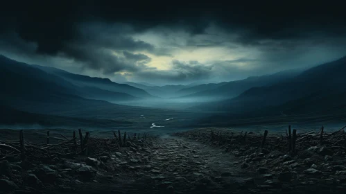 Eerie Moonlit Landscape: Dark and Mysterious Scene