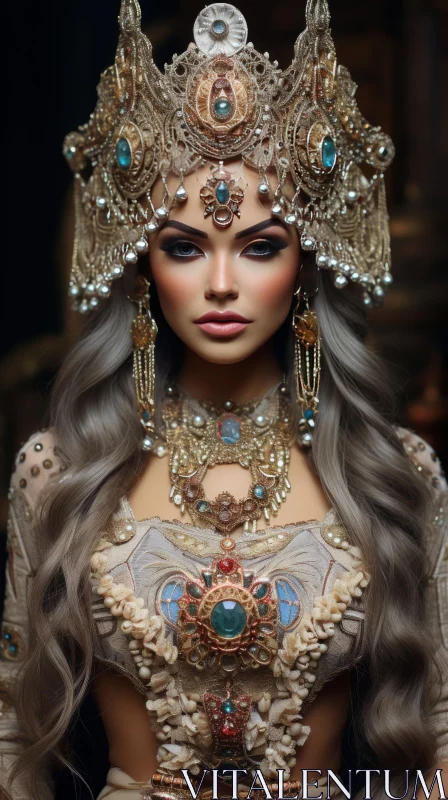 Elegant Woman Portrait with Gold Headdress AI Image