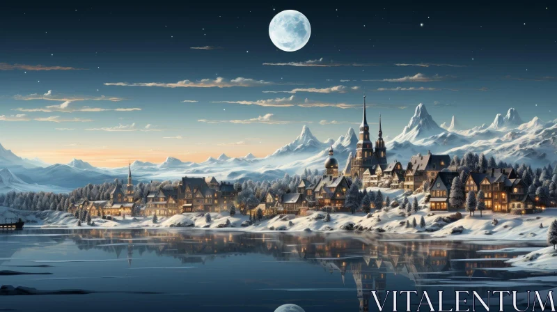 Enchanting Winter Townscape by Frozen Lake and Snowy Mountains AI Image