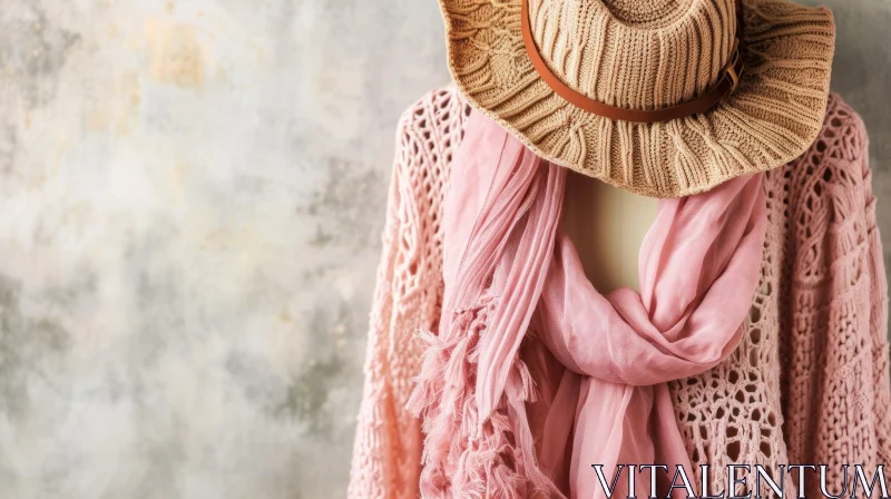 AI ART Fashionable Brown Straw Hat and Pink Scarf on Mannequin