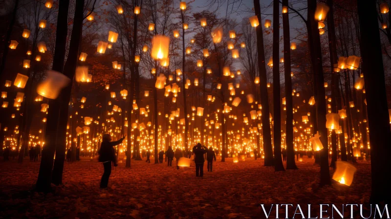 Festive Forest Night with Lanterns - Capturing Nature's Celebration AI Image