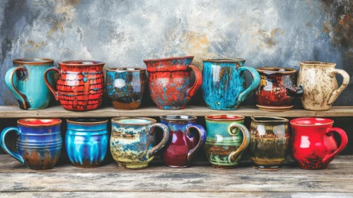 Handmade Ceramic Mugs on Wooden Shelf | Rustic Charm