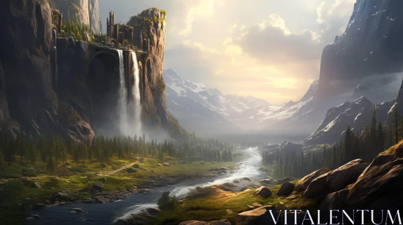 Majestic Valley Landscape with River and Castle AI Image