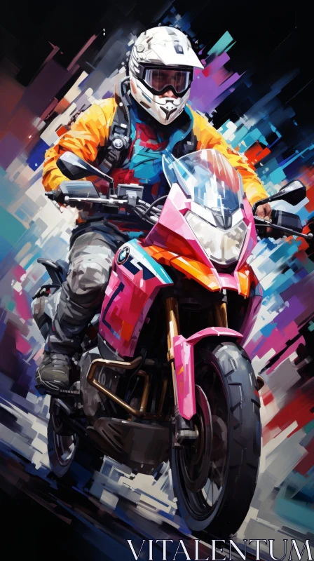 Motorcyclist Painting: Speed and Motion in Colorful Artwork AI Image