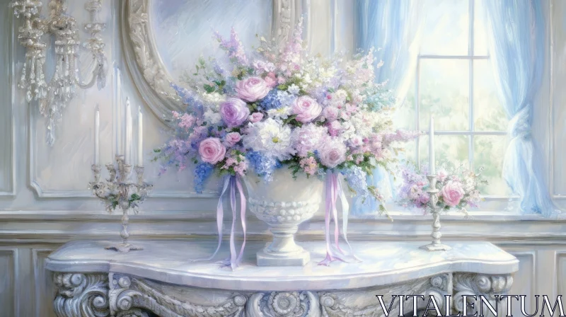 Serene Floral Still Life Painting on Marble Table AI Image