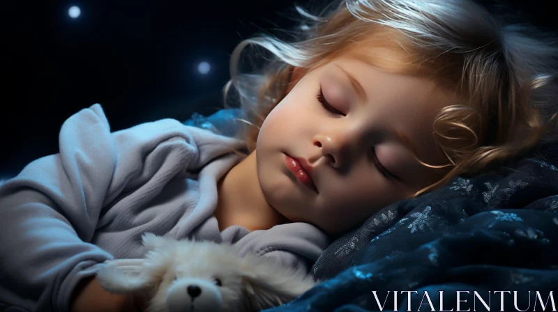 AI ART Sleeping Child with Stuffed Animal on Blue Bed
