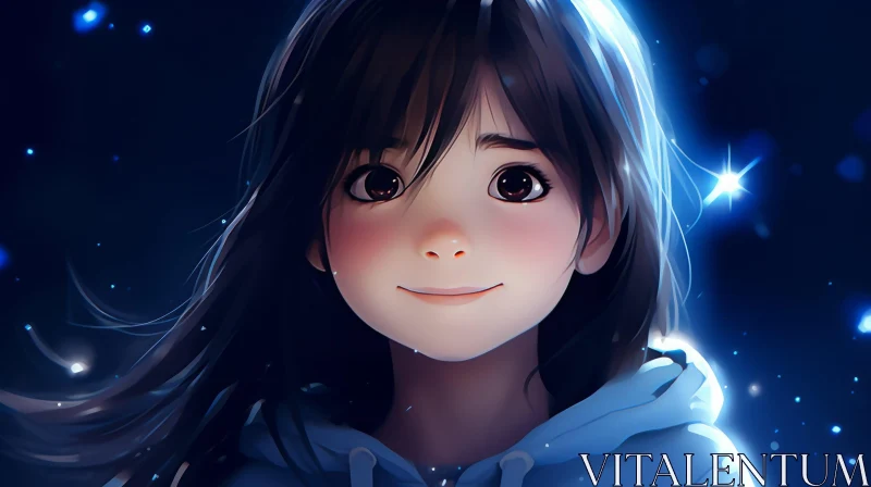Smiling Anime Girl Portrait in Night Sky AI Image