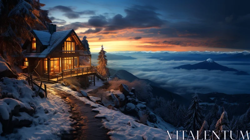 Snowy Mountain Sunset Wooden House Scene AI Image