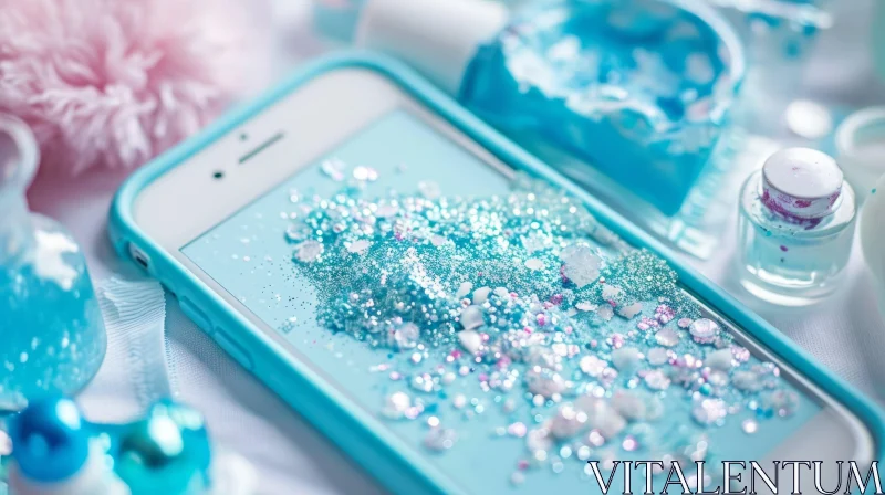 Sparkling Blue Phone Case with Glitter | Nail Polishes and Beauty Products AI Image