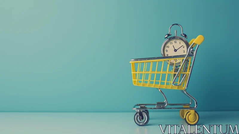 Time and Consumerism: Yellow Shopping Cart with Alarm Clock AI Image