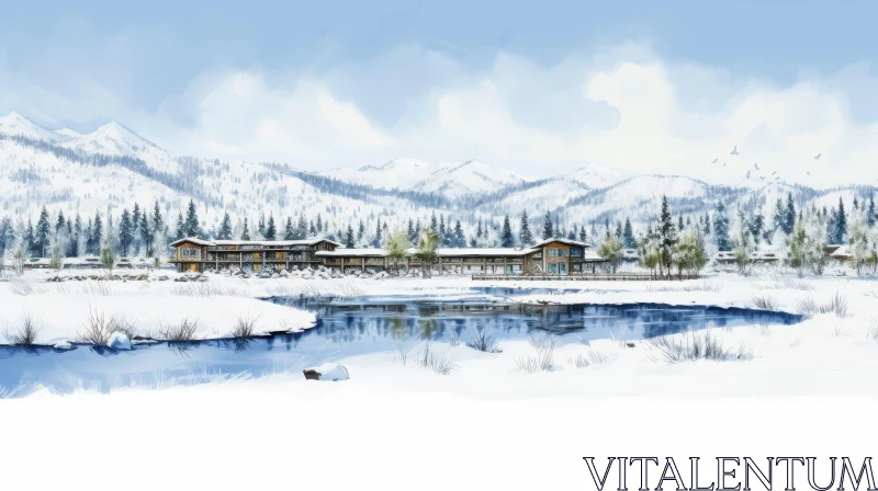 AI ART Tranquil Winter Landscape with Snow-Covered House and Mountains