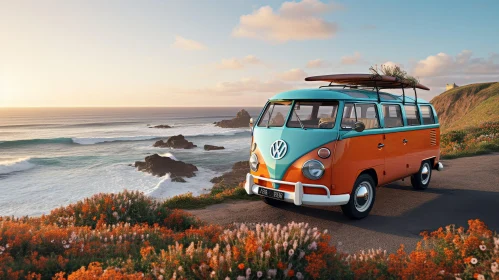 Vintage Volkswagen Bus Parked on Cliffside Overlooking Ocean