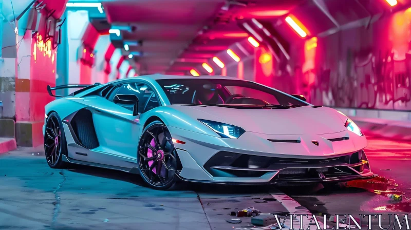 White Lamborghini Aventador SVJ in Neon-Lit Tunnel AI Image