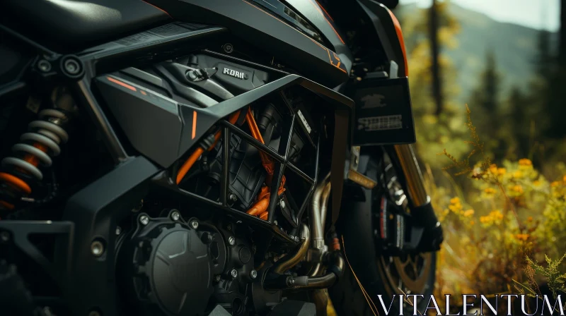 Black and Orange Motorcycle in Forest Close-Up AI Image