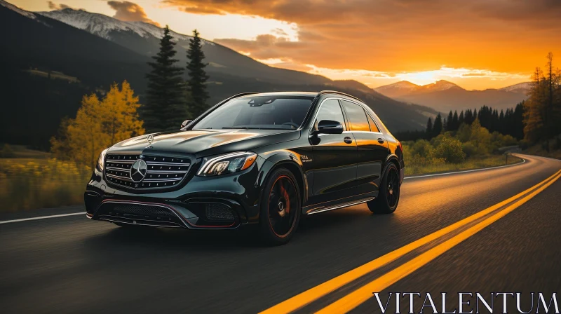 Black Mercedes-Benz GLS 63 AMG Driving in Mountain Sunset Scene AI Image