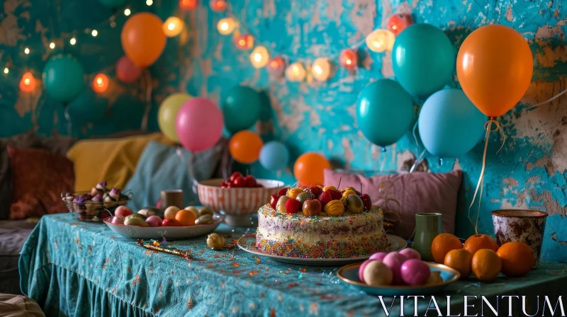 Colorful Birthday Party with Balloons, Cake, and Food AI Image
