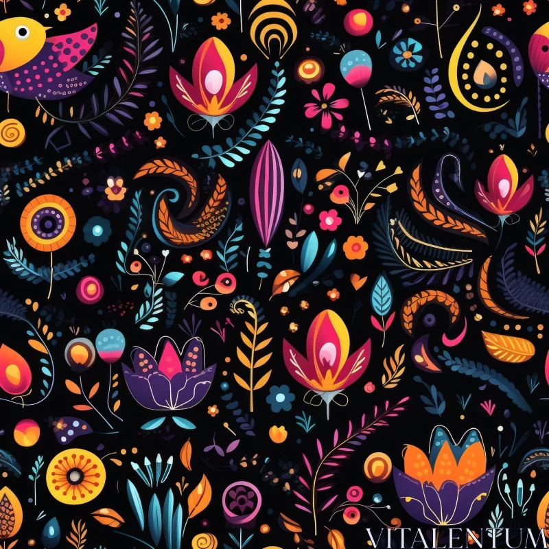 Colorful Floral Pattern on Dark Background AI Image