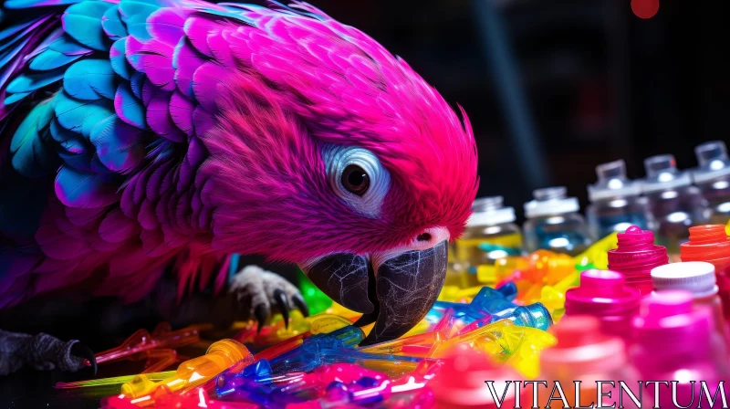 Colorful Parrot with Toys on Table AI Image