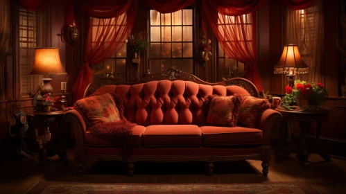 Cozy Living Room with Red Velvet Sofa and Warm Lighting