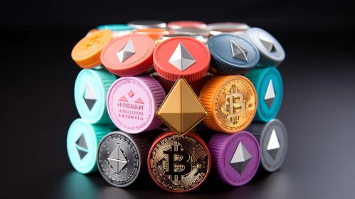 Cryptocurrency Coins Stack 3D Rendering
