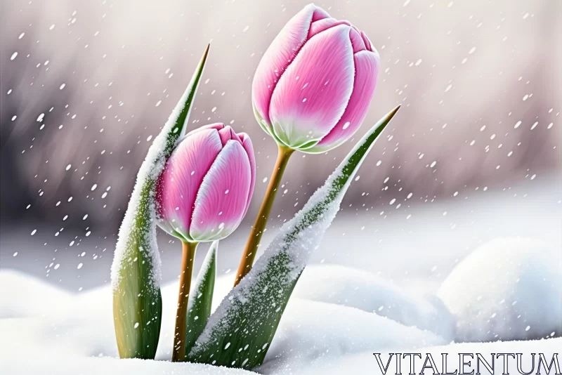 Delicate Pink Tulips in the Snow - Hyperrealistic Illustrations AI Image