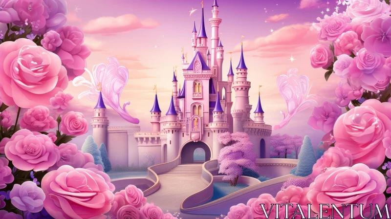 Enchanting Pink Castle Amidst Flowers AI Image