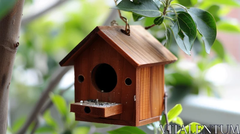 Enchanting Wooden Birdhouse on a Green Tree Branch AI Image