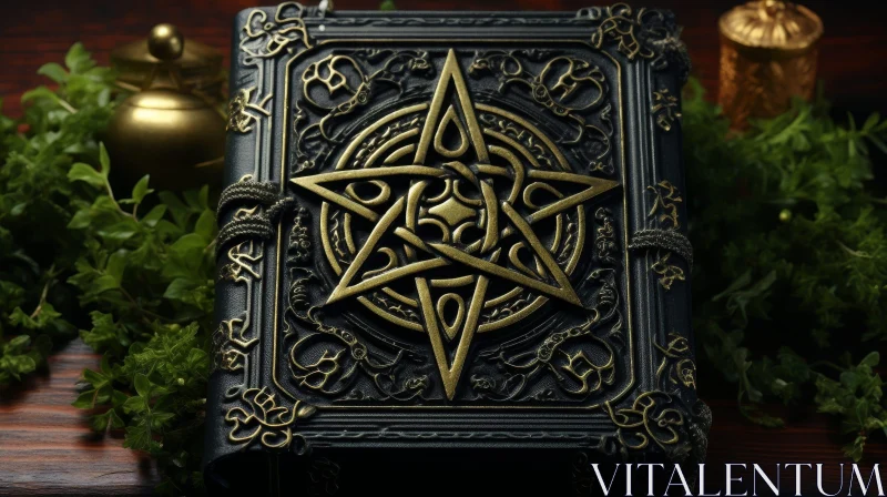 AI ART Enigmatic Black Book with Pentacle and Leaves